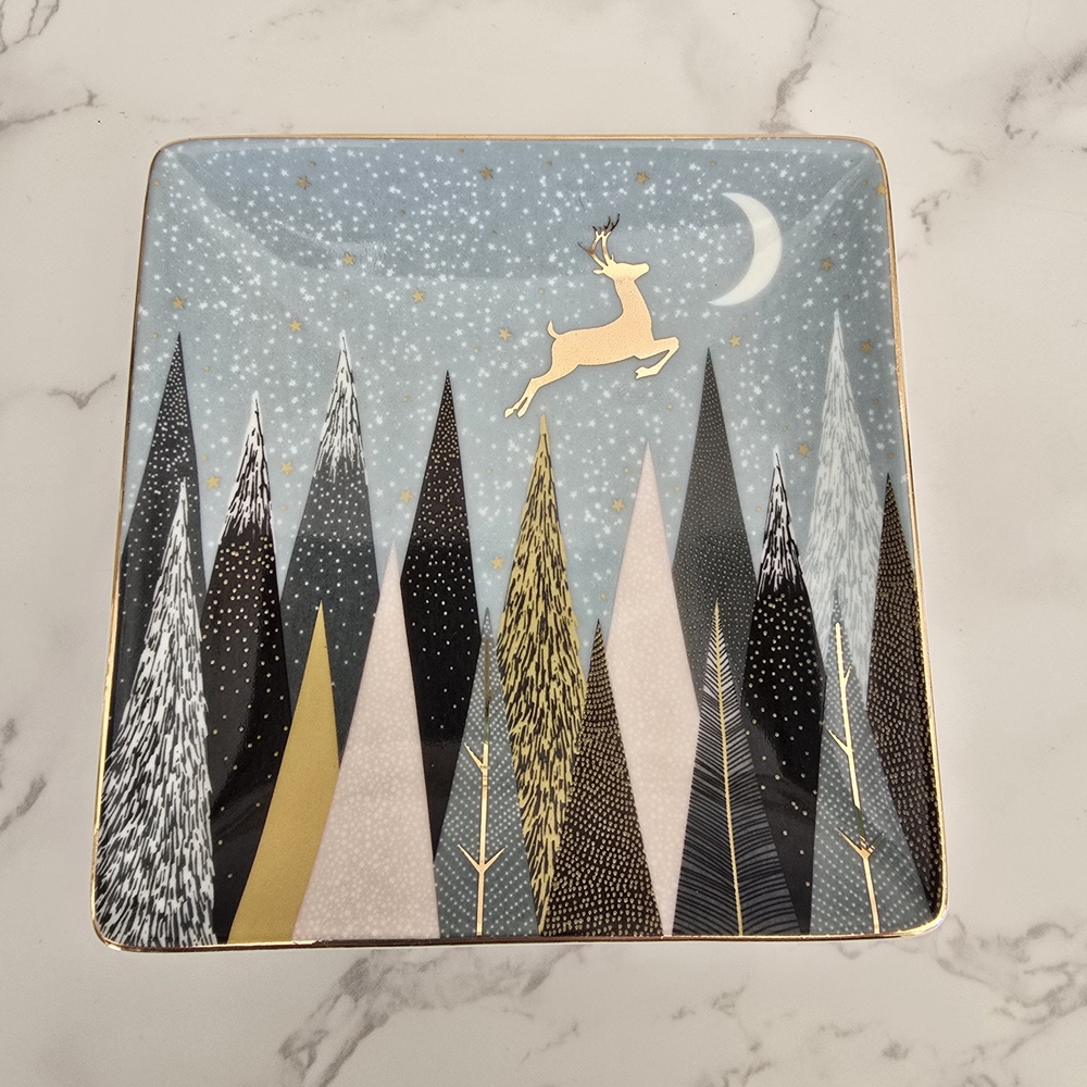 Portmeirion Sara Miller Square Plate with Deer, Trees, and Moon - Like New